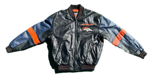 Vintage Denver Broncos Leather Jacket Coat w/ Embroidery By G-III Carl Banks S