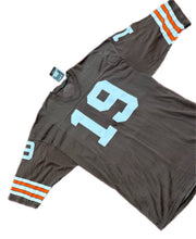 Load image into Gallery viewer, VTG Cleveland Browns Bernie Kosar #19 Sand Knit Durene Team Issue Jersey XL