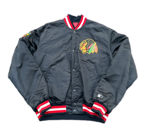 Vintage Starter Men's Chicago Blackhawks Black Satin Bomber Jacket Size L USA