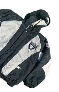 VTG 90s NFL OAKLAND LOS ANGELES RAIDERS  STARTER PUFFER JACKET HOODIE SIZE L