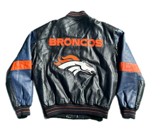 Vintage Denver Broncos Leather Jacket Coat w/ Embroidery By G-III Carl Banks S