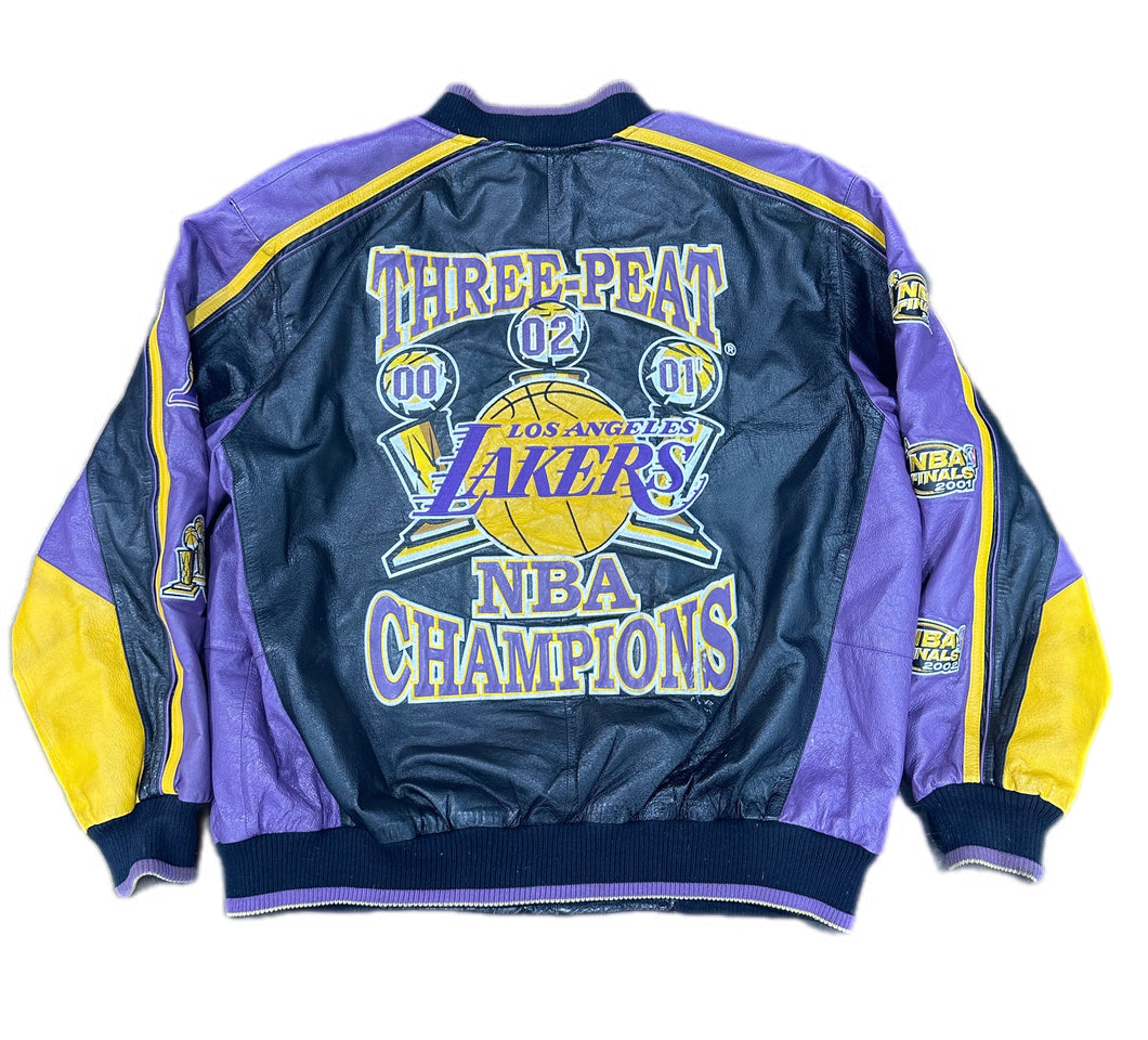 Vintage Los Angeles Lakers 3-Peat Leather Jacket Kobe Bryant & Shaq Y2K Rare XL