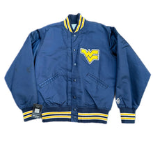 Load image into Gallery viewer, Vtg West Virginia Mountaineers Satin Bomber Jacket Mens M 1980s 80s Button Up