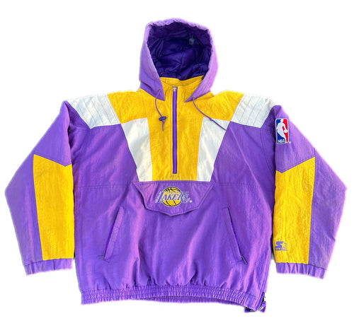 Vintage LA LAKERS STARTER Size XL NBA Purple Yellow PUFFER PULLOVER  ZIP Jacket