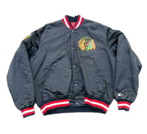 Vintage Starter Men's Chicago Blackhawks Black Satin Bomber Jacket Size L USA