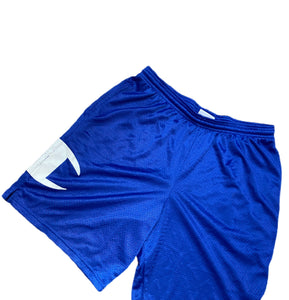 Retro Champion Athletic Mesh Gym Basketball Shorts Blue Big Logo Drawstring Sz L