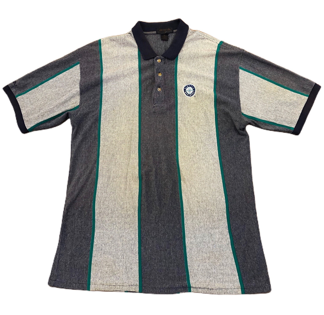 Vintage Mens Seattle Mariners Short Sleeve Striped Polo Antigua Gray Size XL